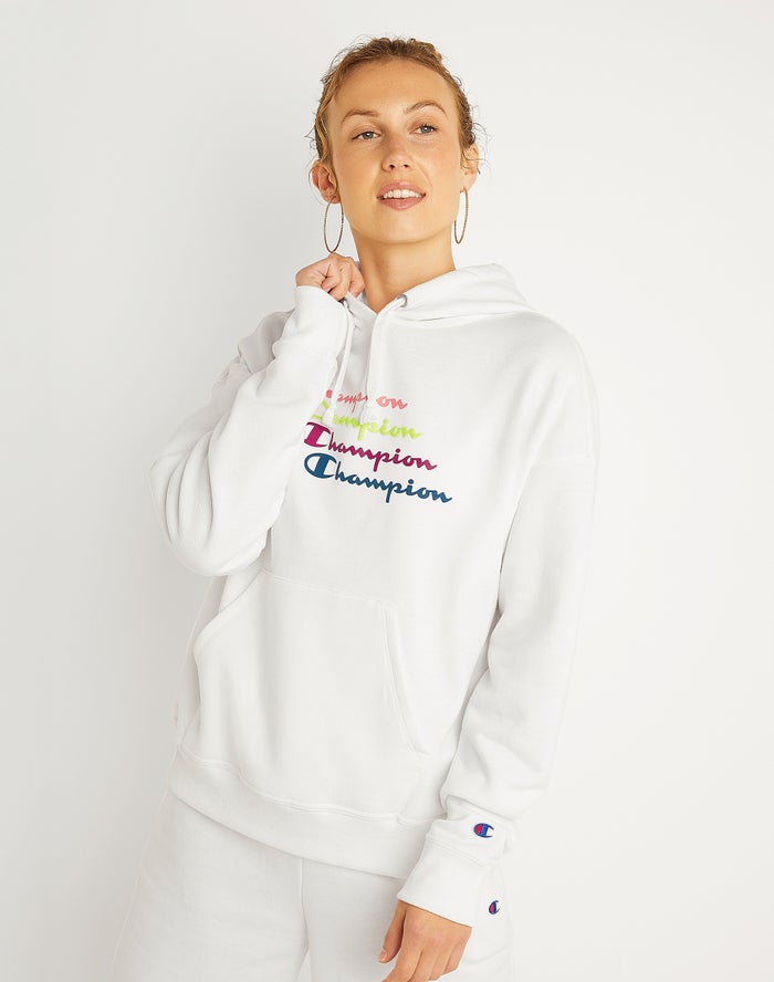 Champion Powerblend Fleece Relaxed Stacked Scripts Logo Kadın Kapşonlu Sweatshirt Beyaz ( TEVZDN078